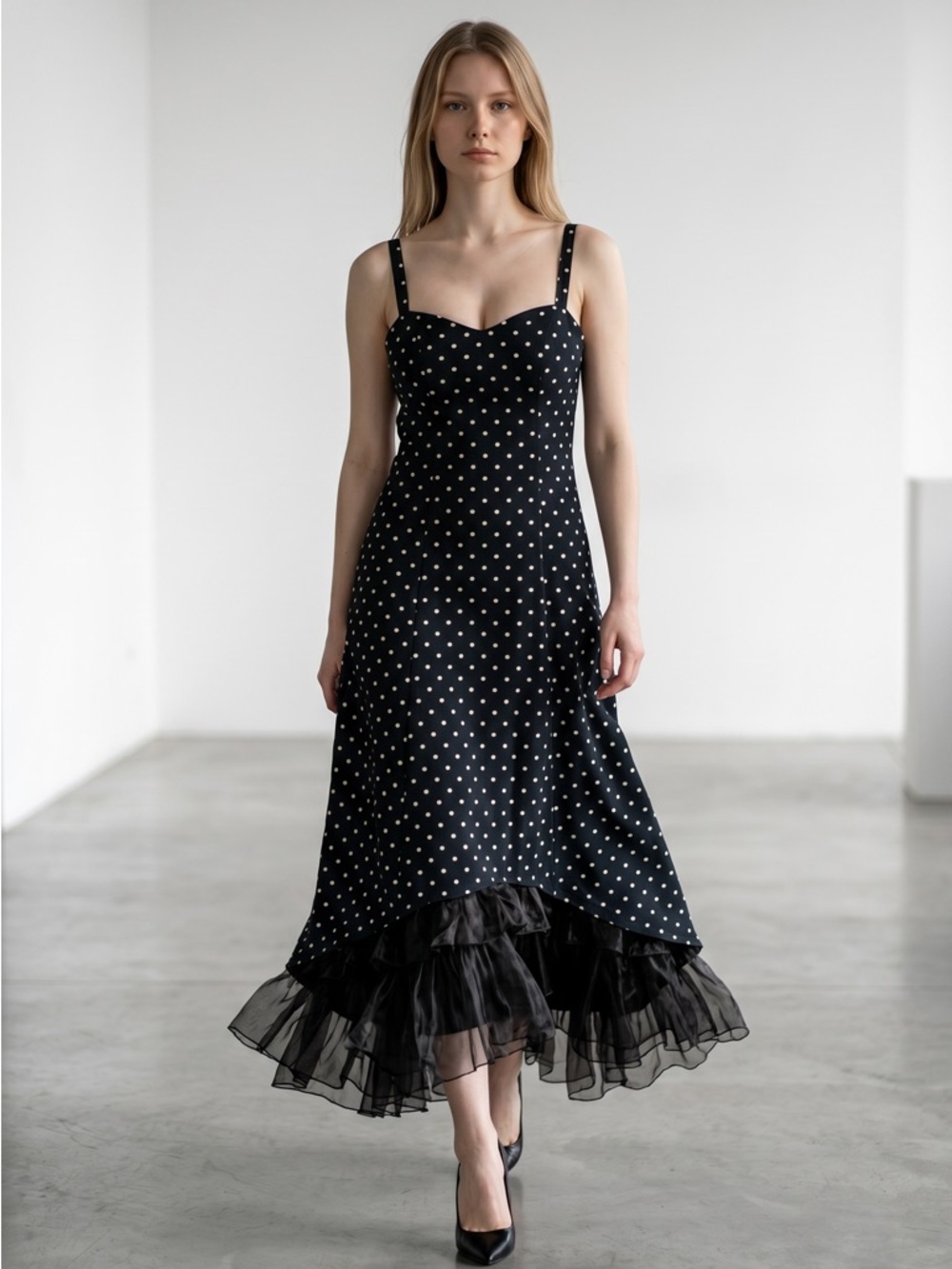 Gina Bacconi Black & White Polka Dot High-Low Midi Dress